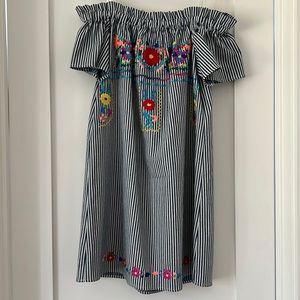 The Impeccable Pig off the shoulder embroidered striped dress size medium